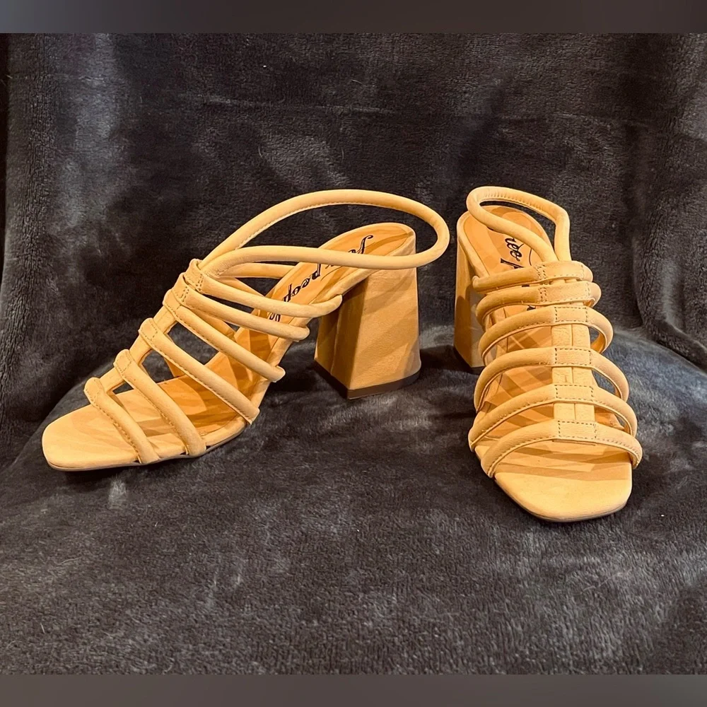 Free People strapped cinched block heel sandals. Leather. Caged style. Yellow 36